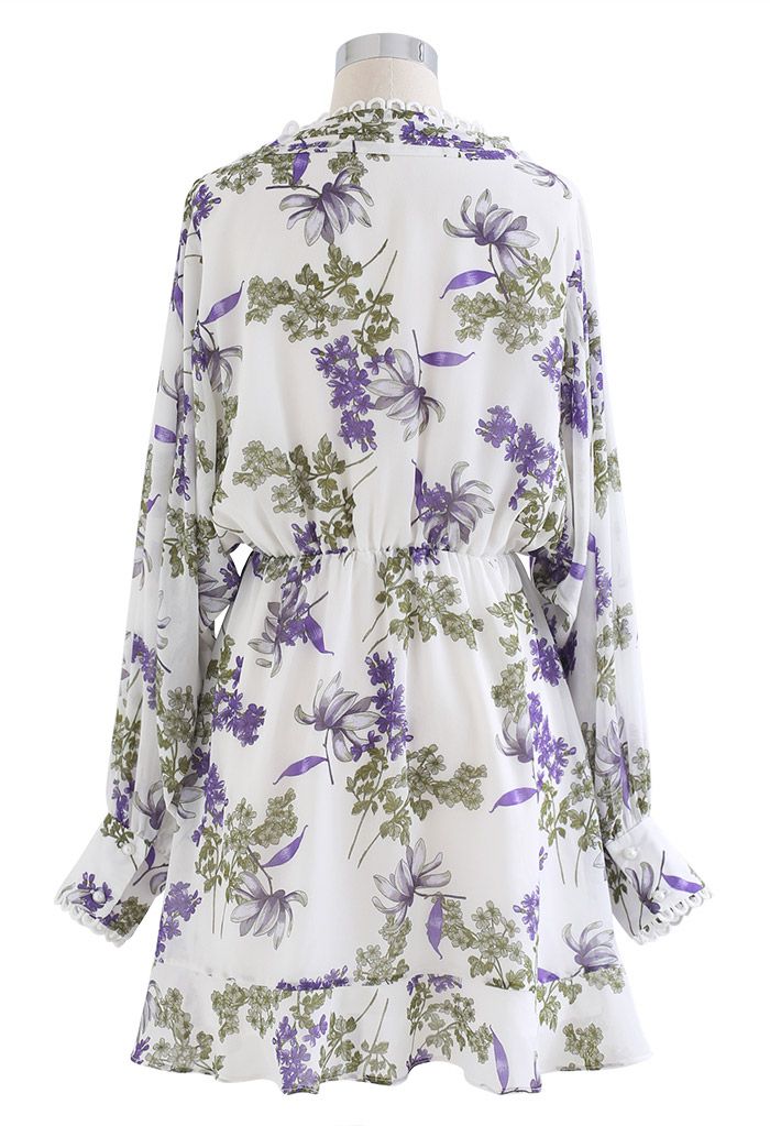 Fresh Lavender Print Asymmetric Chiffon Mini Dress