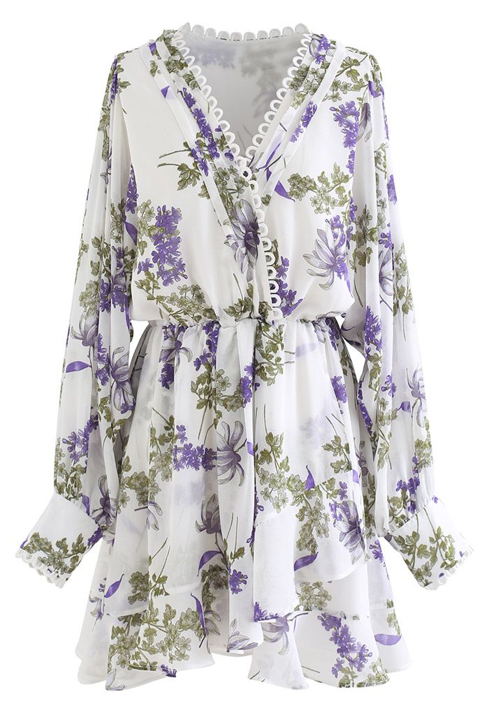 Fresh Lavender Print Asymmetric Chiffon Mini Dress