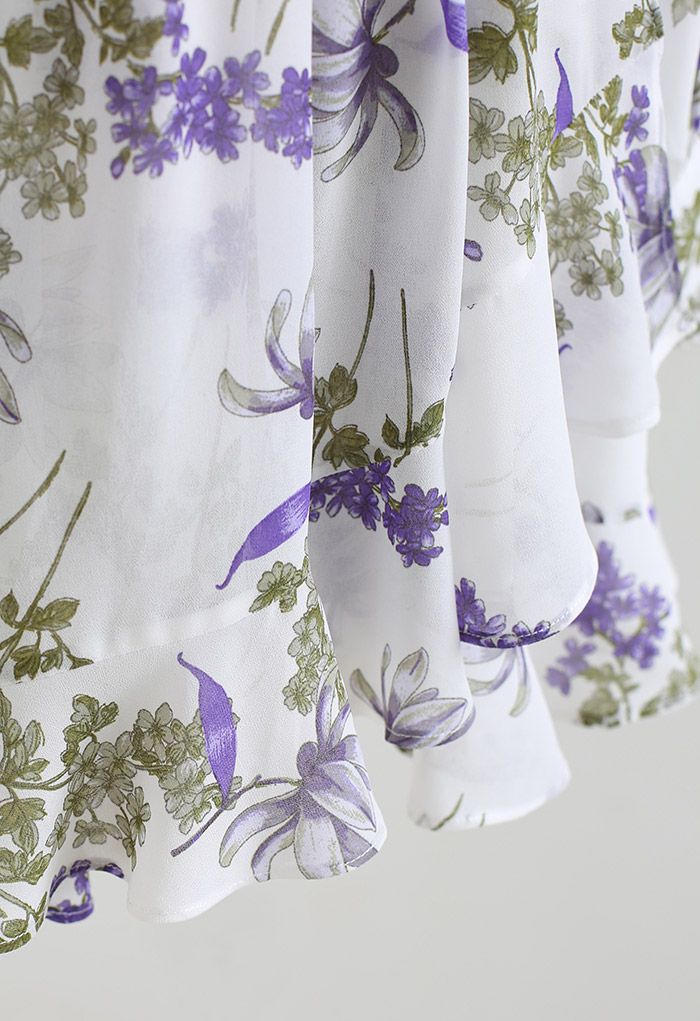 Fresh Lavender Print Asymmetric Chiffon Mini Dress