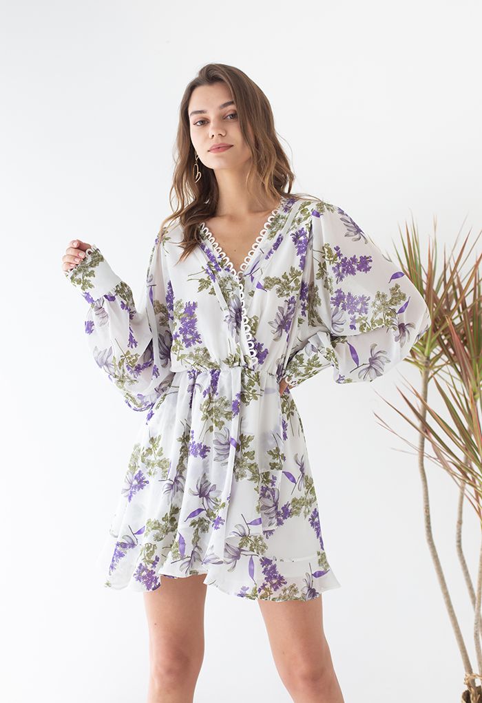 Fresh Lavender Print Asymmetric Chiffon Mini Dress