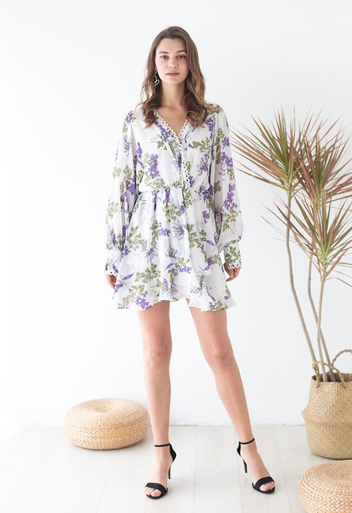 Fresh Lavender Print Asymmetric Chiffon Mini Dress