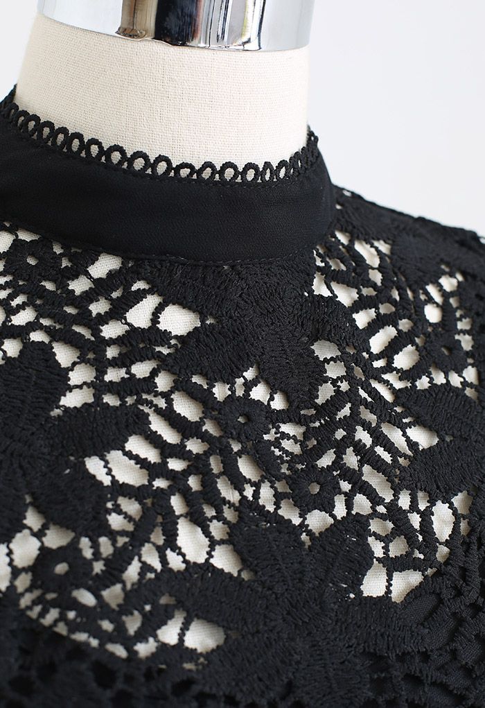 3D Crochet Flowers Mesh Dolly Top in Black