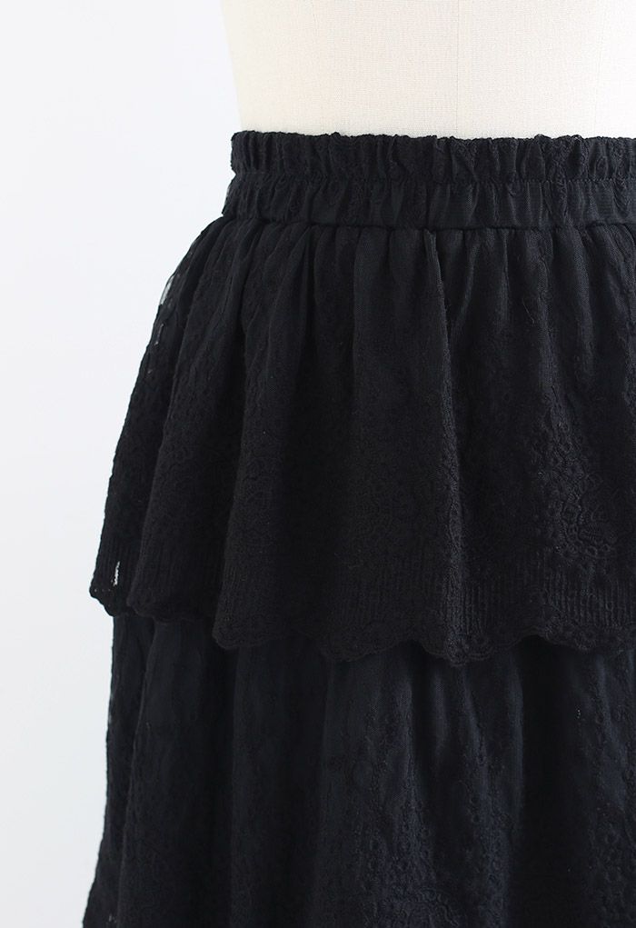 Tiered Mesh Embroidered Midi Skirt