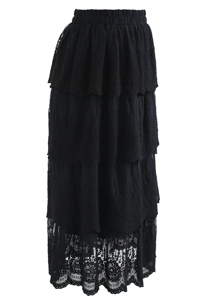 Tiered Mesh Embroidered Midi Skirt - Retro, Indie and Unique Fashion