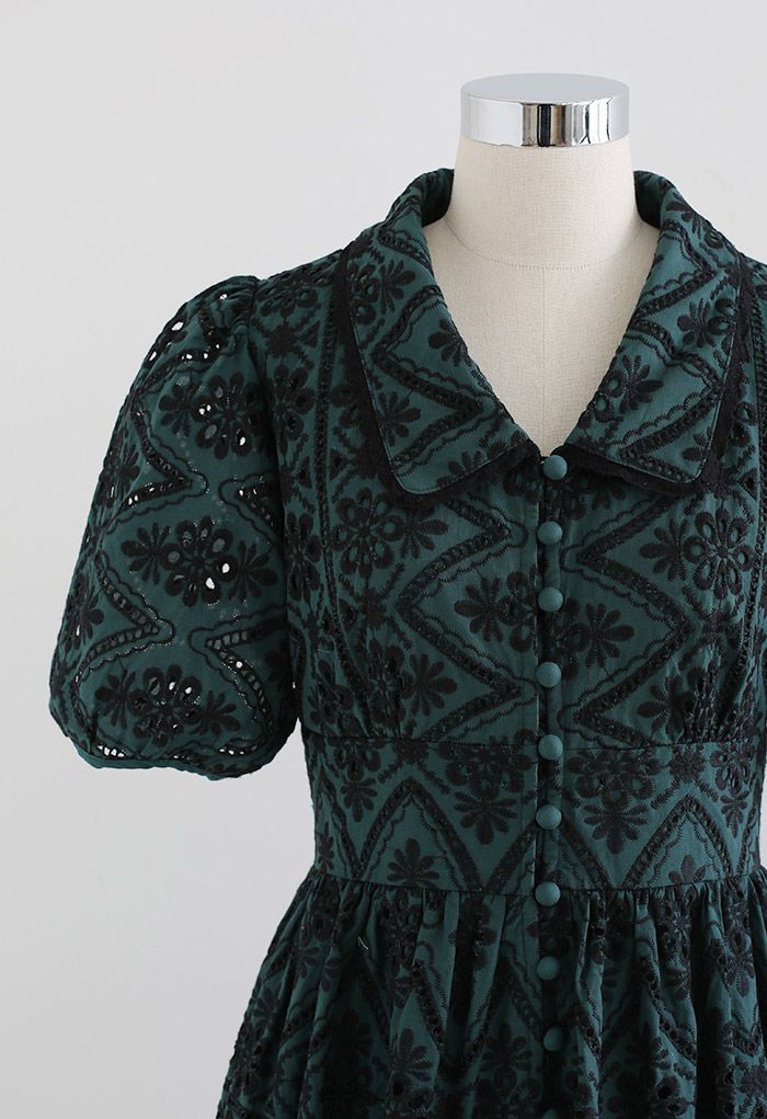 Button Down Zigzag Embroidery Midi Dress