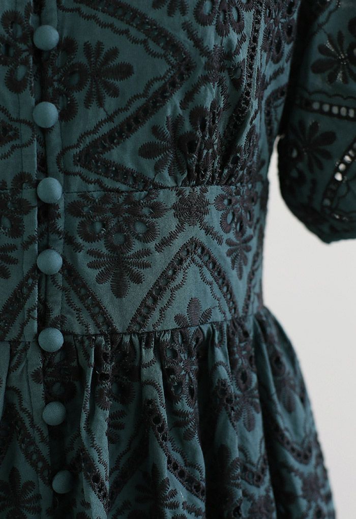 Button Down Zigzag Embroidery Midi Dress