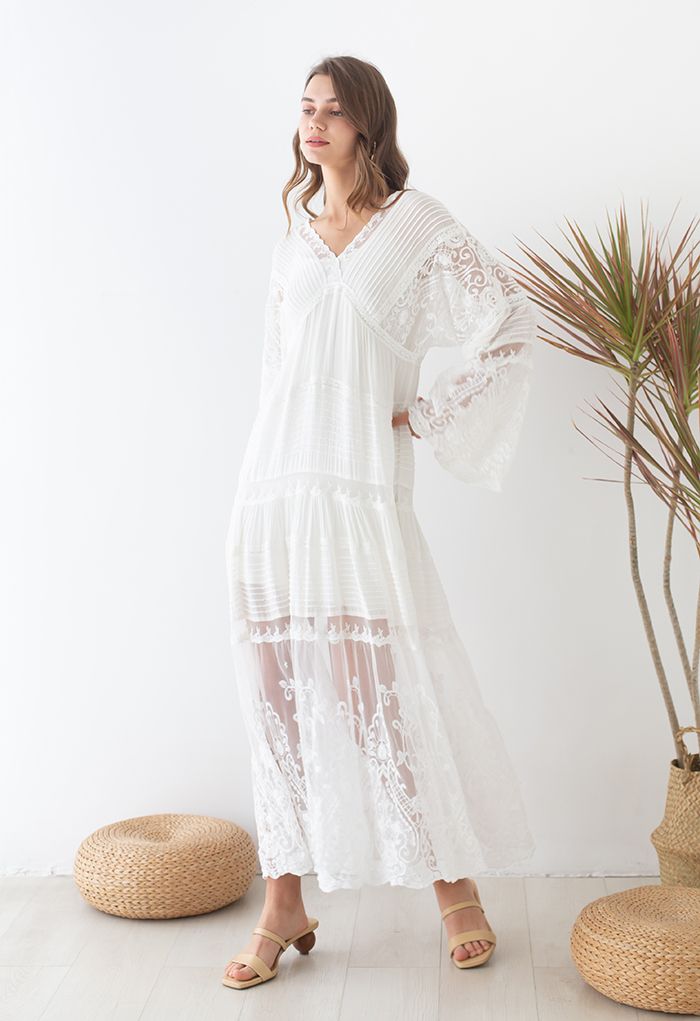 Flare Sleeve Embroidered Floral Lacy Maxi Dress