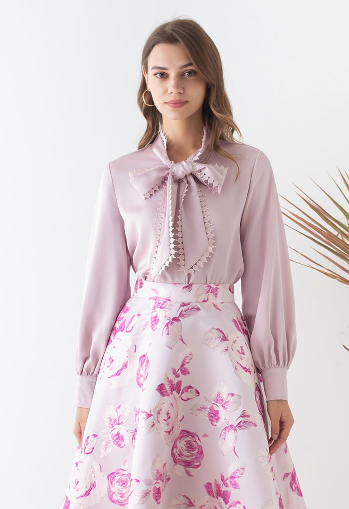 Crochet Edge Bowknot Satin Shirt in Pink - Retro, Indie and Unique Fashion