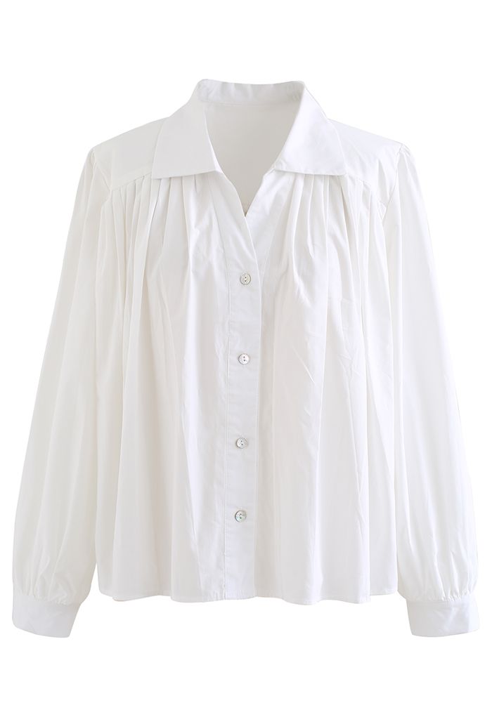 Pleated Front Button Down White Shirt