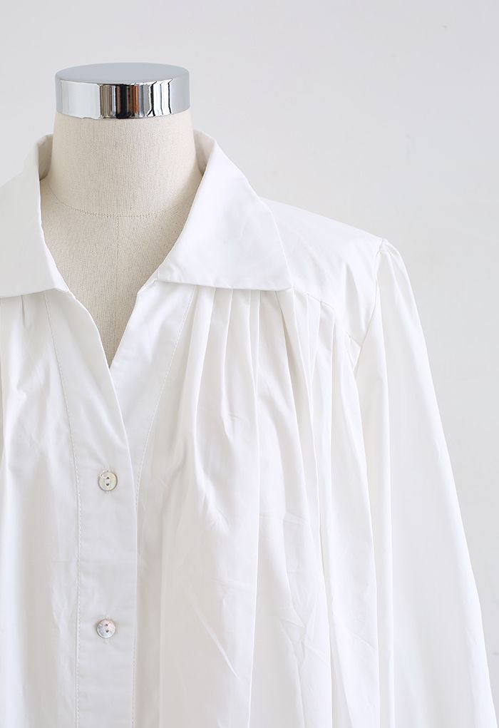 Pleated Front Button Down White Shirt