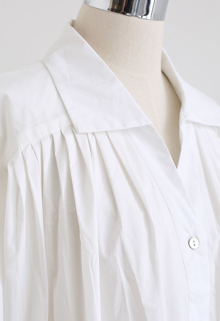 Pleated Front Button Down White Shirt