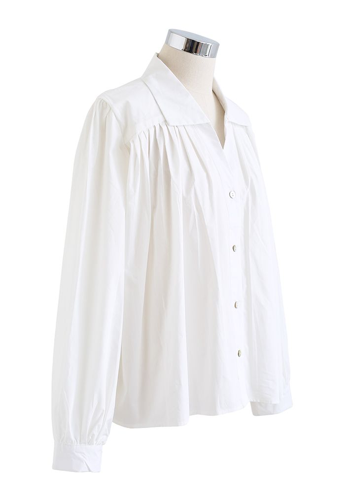 Pleated Front Button Down White Shirt