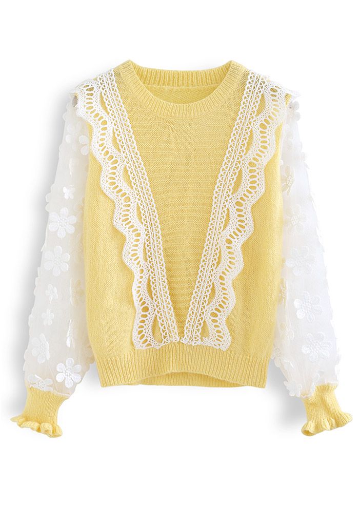 Crochet Flower Mesh Sleeve Spliced Knit Top in Yellow