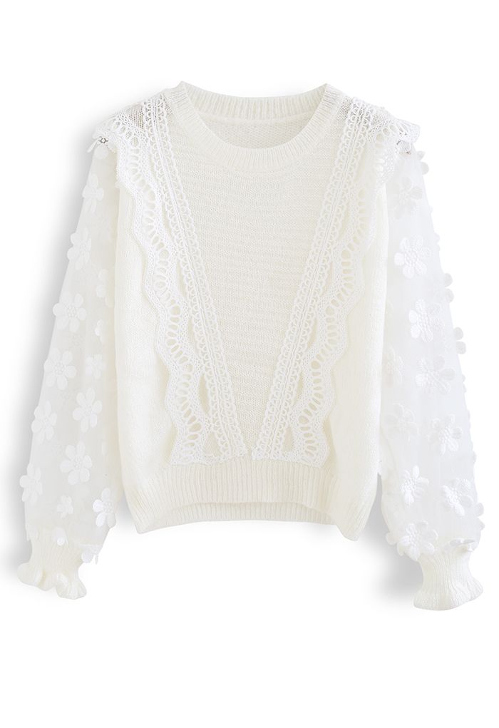 Crochet Flower Mesh Sleeve Spliced Knit Top in White