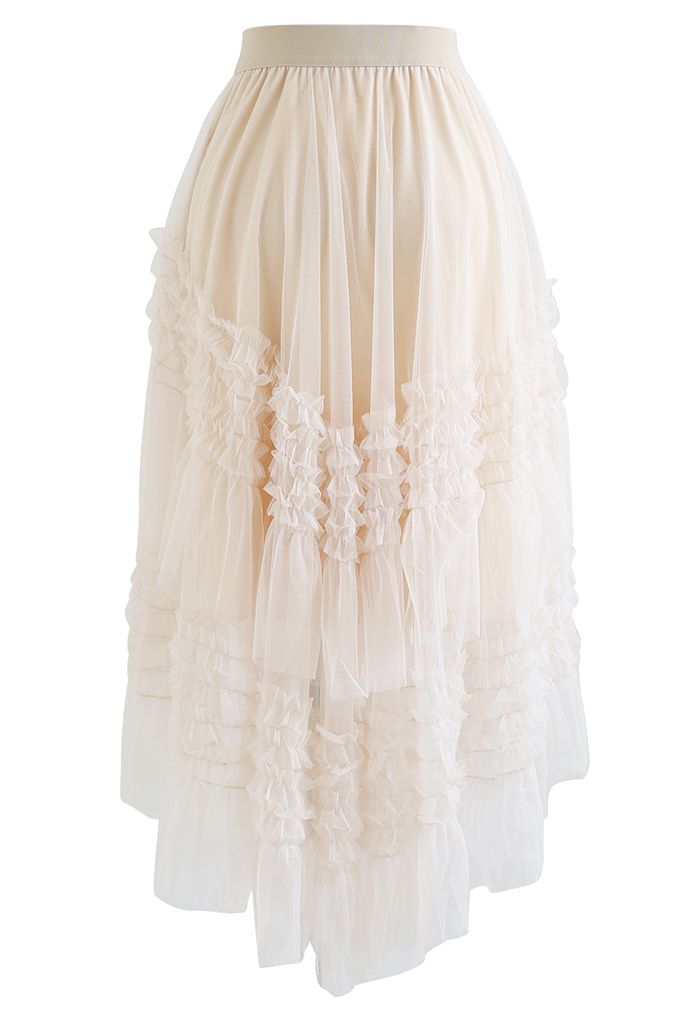 Ruffle Tiered Hi-Lo Mesh Tulle Skirt in Cream