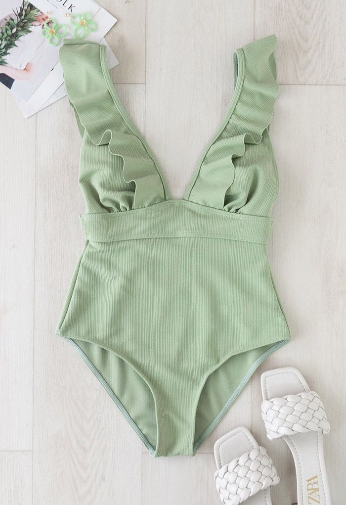 Deep-V Lace-Up Ruffle Swimsuit in Mint