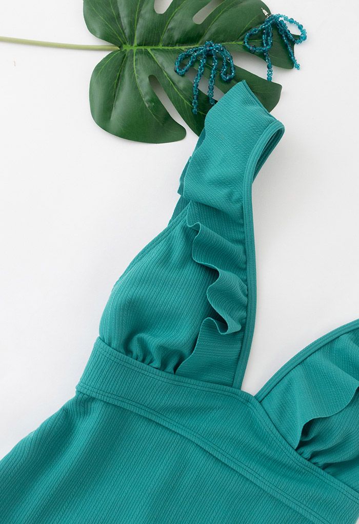 Deep-V Lace-Up Ruffle Swimsuit in Turquoise