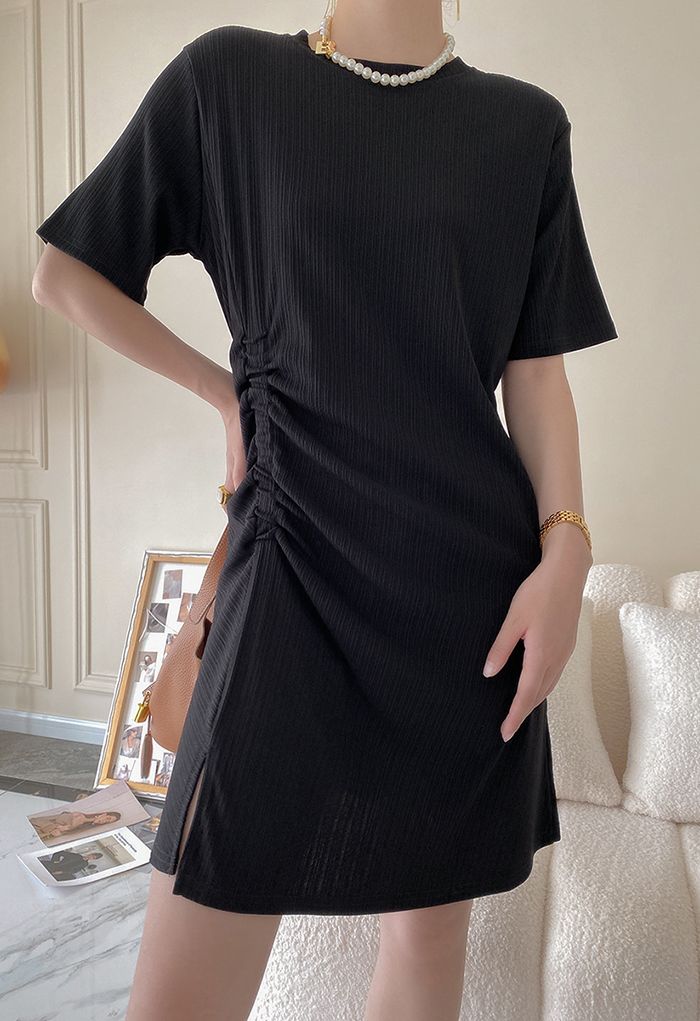 Stretchy Ruching T-Shirt Dress in Black