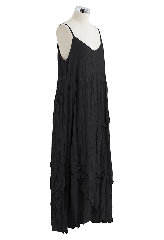 Ruched Frilly Asymmetric Hem Cami Dress in Black