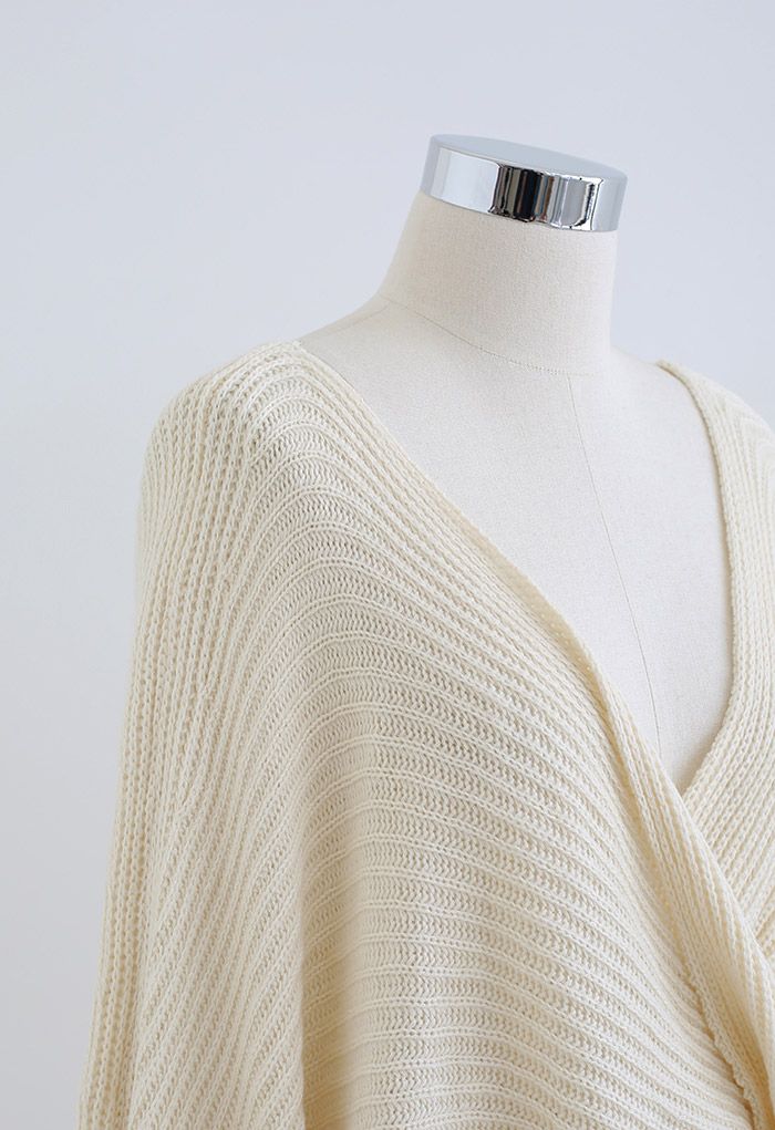 Twisted Front Batwing Sleeve Knit Sweater in Cream