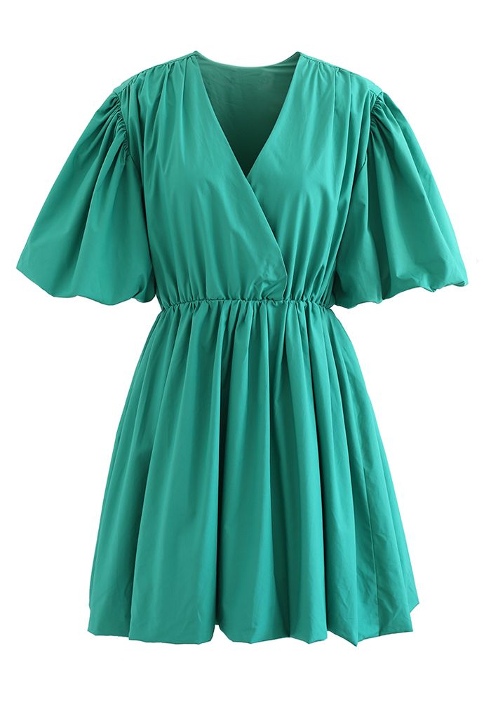 V-Neck Bubble Sleeves Cotton Dress in Green