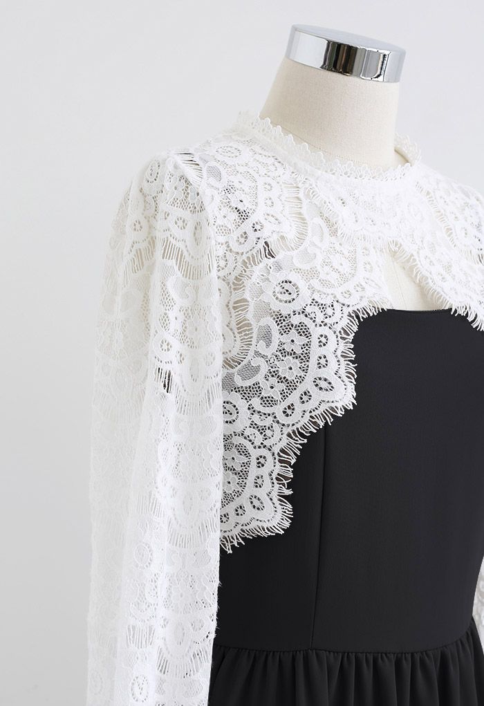 Floral Lace Cape Top and Cami Dress Set in Black