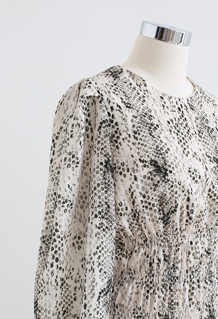 Snake Print Shirred Waist Midi Dress in Ivory