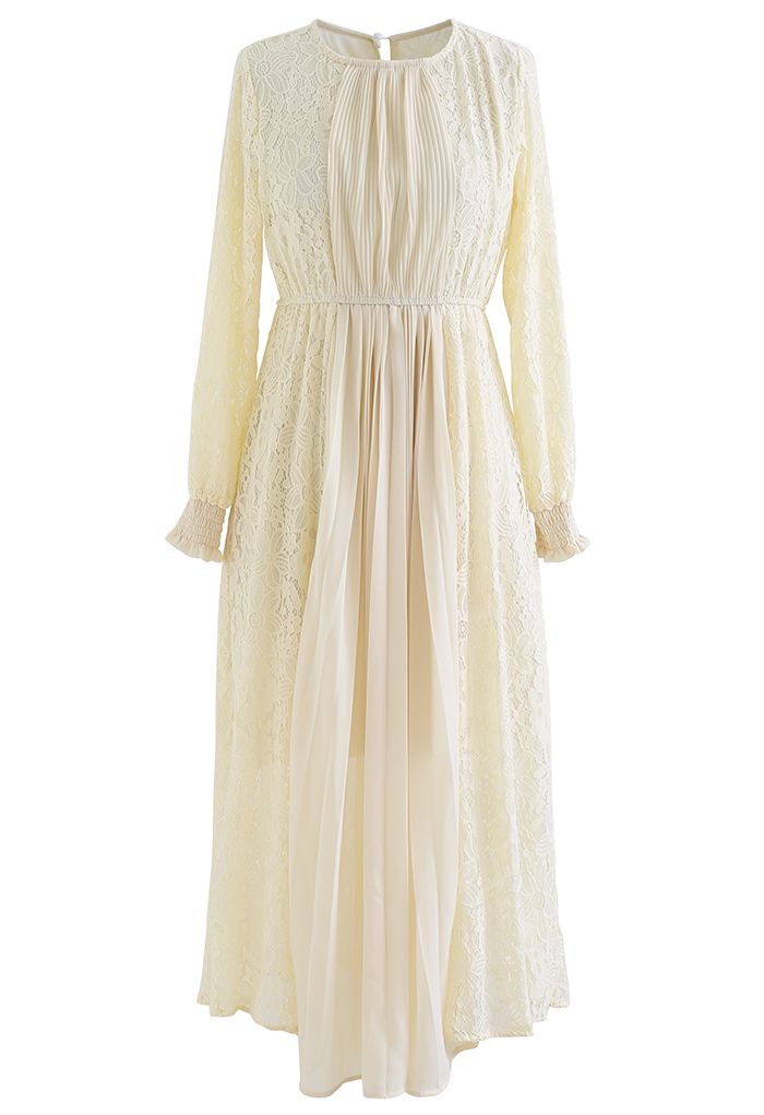 Floral Lace Splice Pleated Midi Dress in Cream