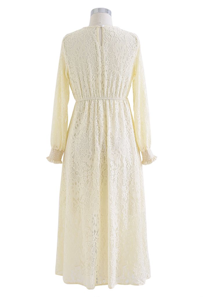 Floral Lace Splice Pleated Midi Dress in Cream