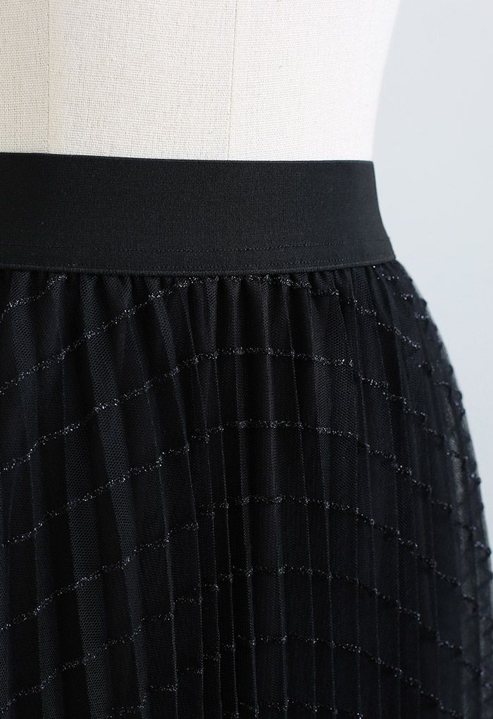Glitter Stripe Pleated Mesh Skirt in Black