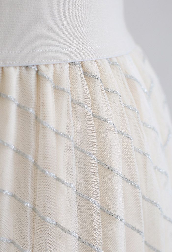 Glitter Stripe Pleated Mesh Skirt in Cream