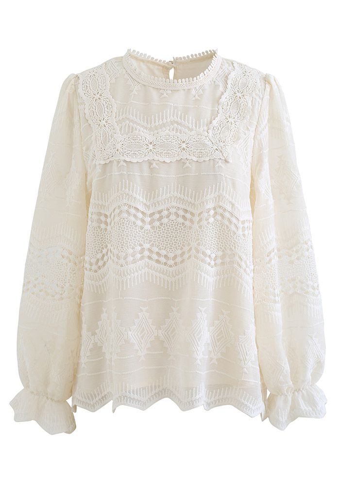 Zigzag Hem Crochet Organza Top in Cream - Retro, Indie and Unique Fashion