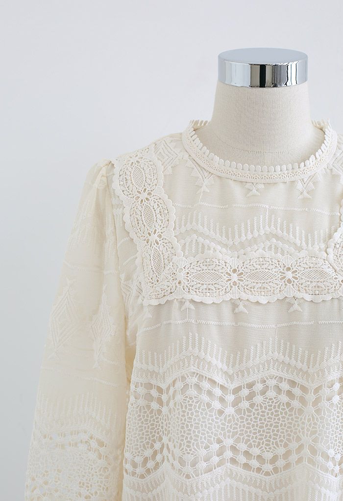 Zigzag Hem Crochet Organza Top in Cream - Retro, Indie and Unique Fashion