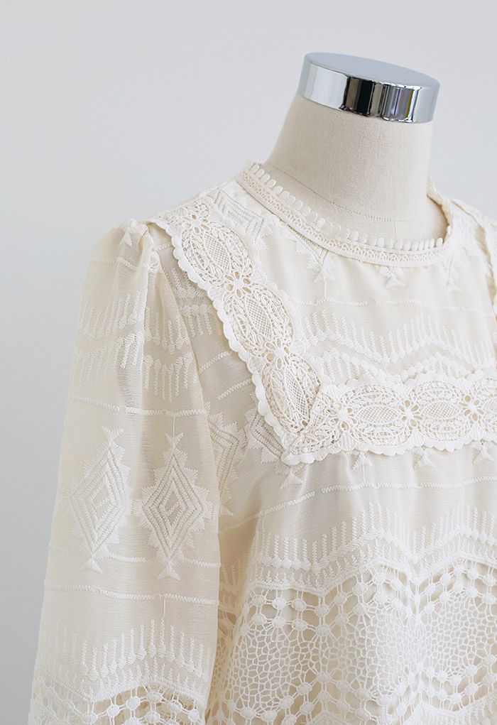 Zigzag Hem Crochet Organza Top in Cream - Retro, Indie and Unique Fashion