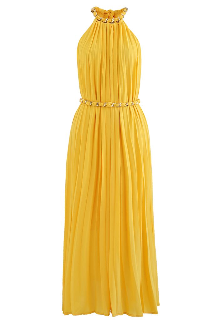 Golden Chain Halter Neck Pleated Maxi Dress in Yellow - Retro, Indie ...