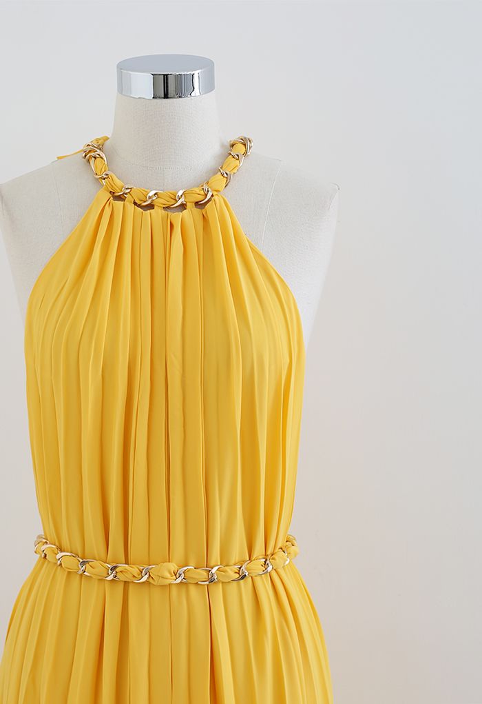 Golden Chain Halter Neck Pleated Maxi Dress in Yellow