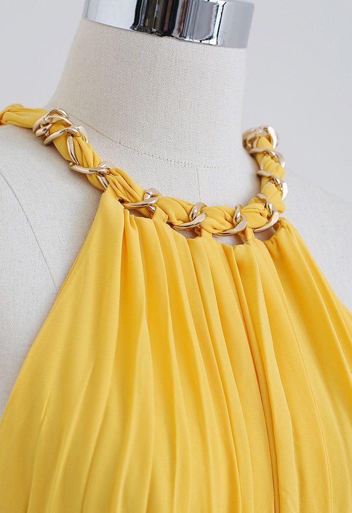 Golden Chain Halter Neck Pleated Maxi Dress in Yellow