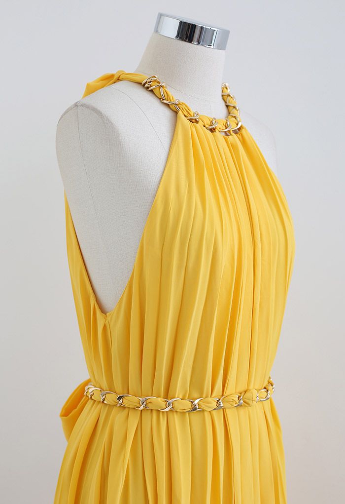 Golden Chain Halter Neck Pleated Maxi Dress in Yellow