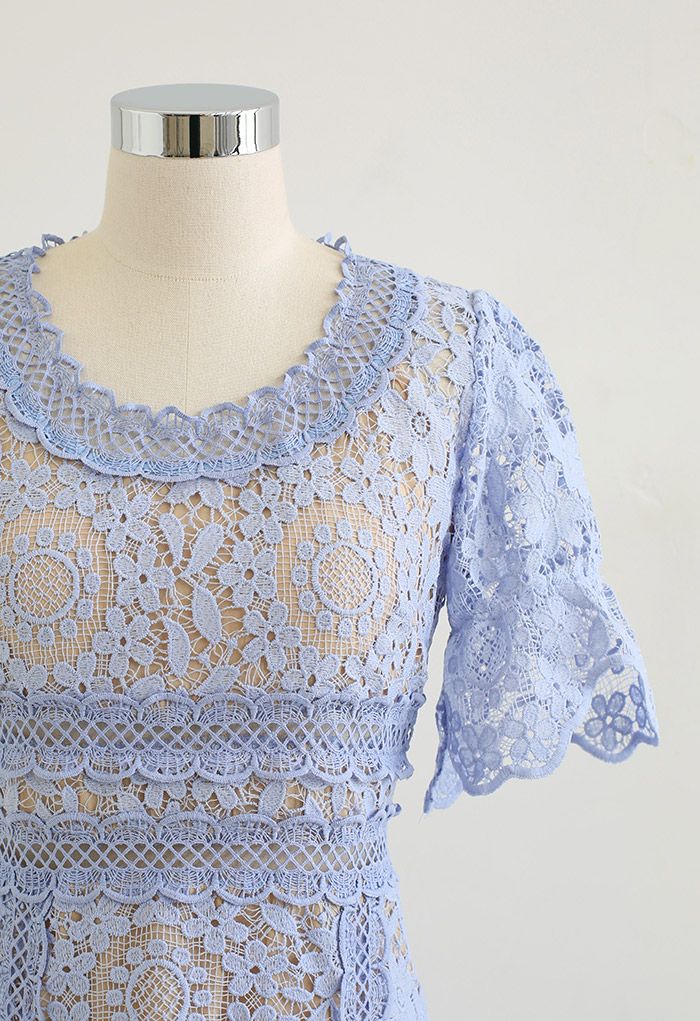 Floral Crochet Short-Sleeve Midi Dress in Blue