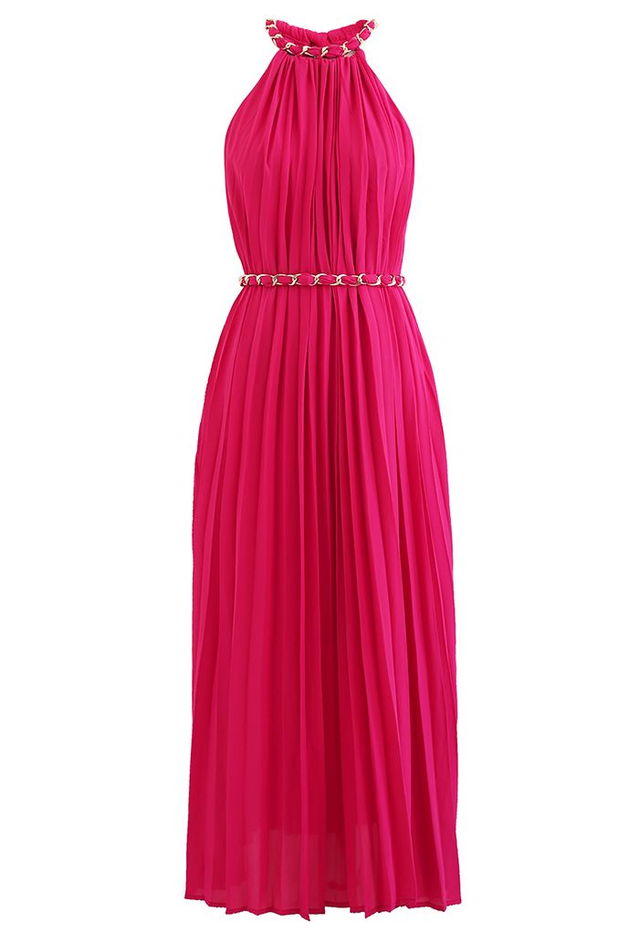 Golden Chain Halter Neck Pleated Maxi Dress in Magenta