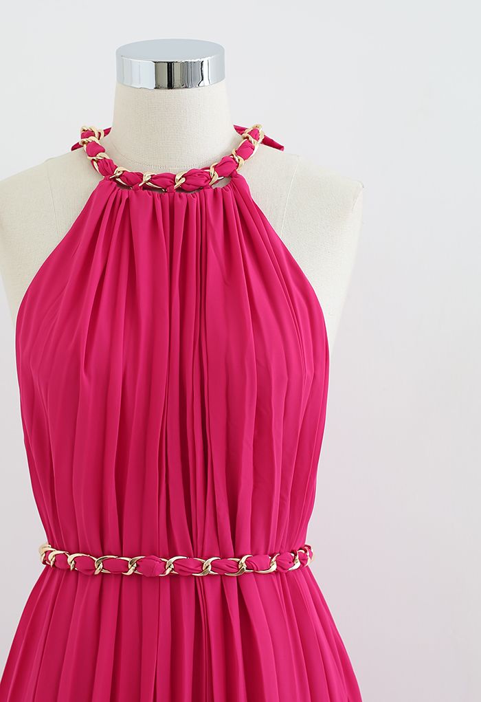 Golden Chain Halter Neck Pleated Maxi Dress in Magenta