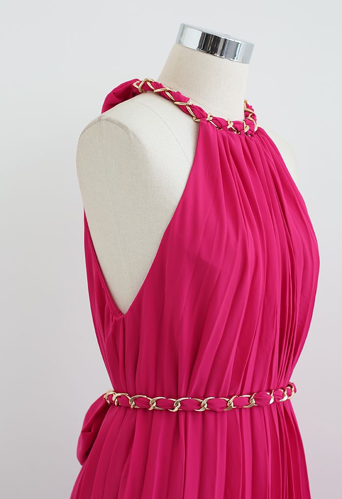 Golden Chain Halter Neck Pleated Maxi Dress in Magenta