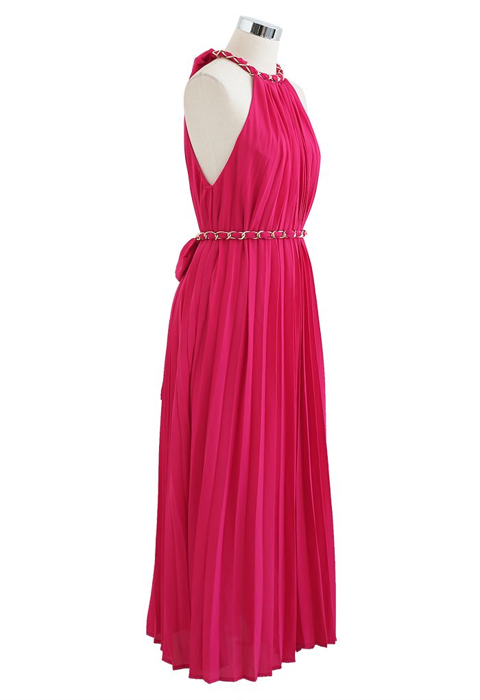 Golden Chain Halter Neck Pleated Maxi Dress in Magenta