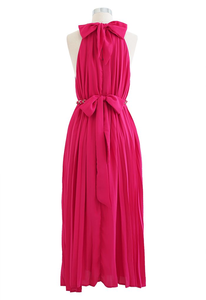 Golden Chain Halter Neck Pleated Maxi Dress in Magenta