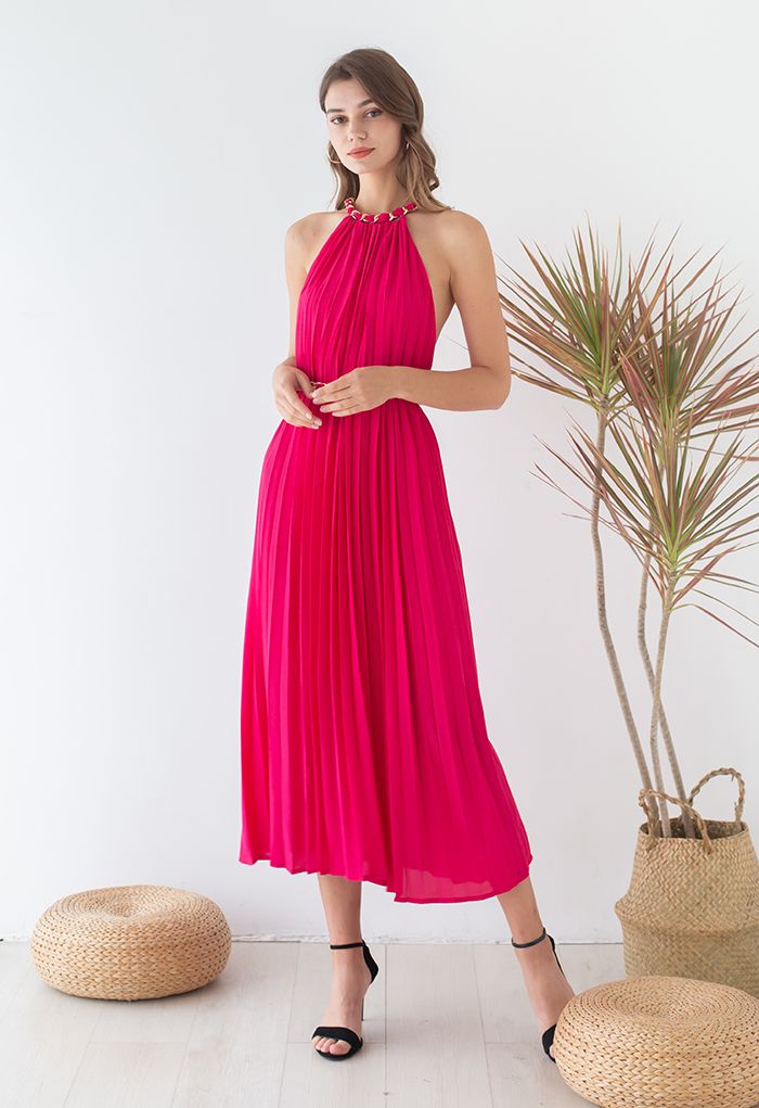 Golden Chain Halter Neck Pleated Maxi Dress in Magenta