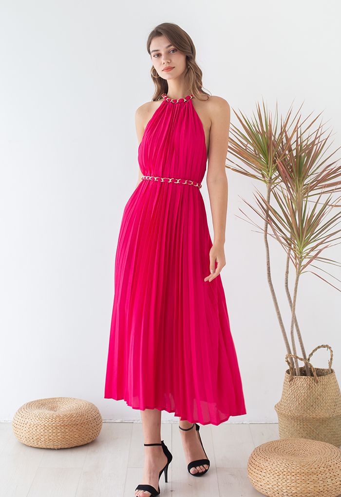 Golden Chain Halter Neck Pleated Maxi Dress in Magenta