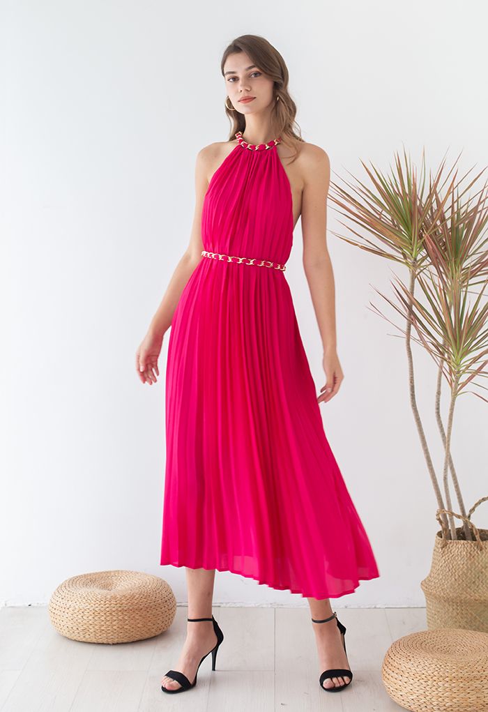 Golden Chain Halter Neck Pleated Maxi Dress in Magenta