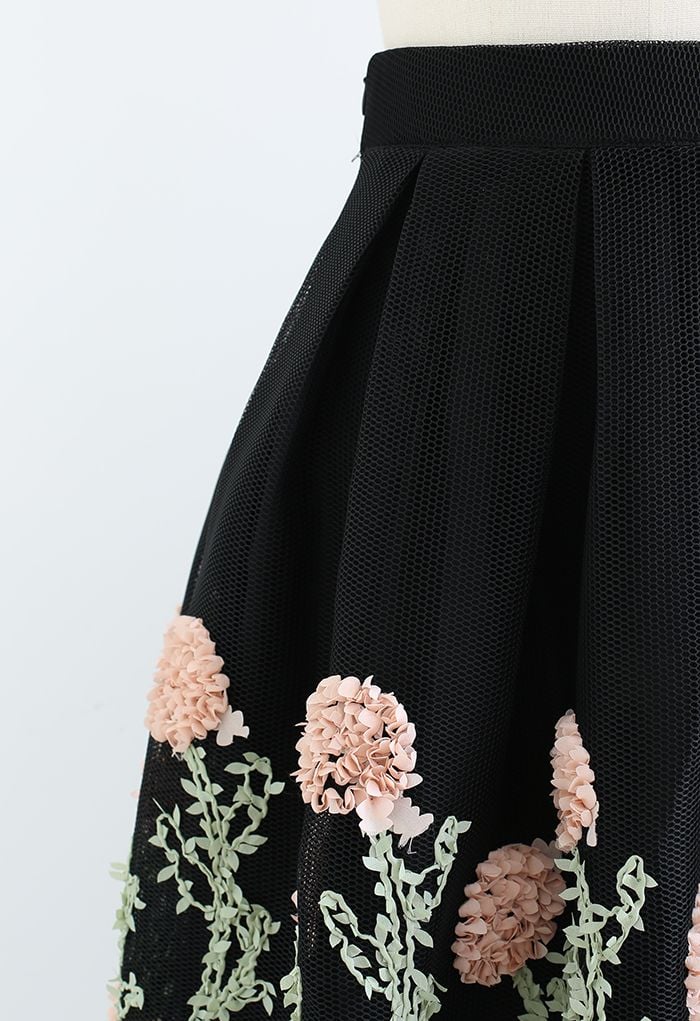 3D Flower Vine Airy Honeycomb Pleated Skirt in Black