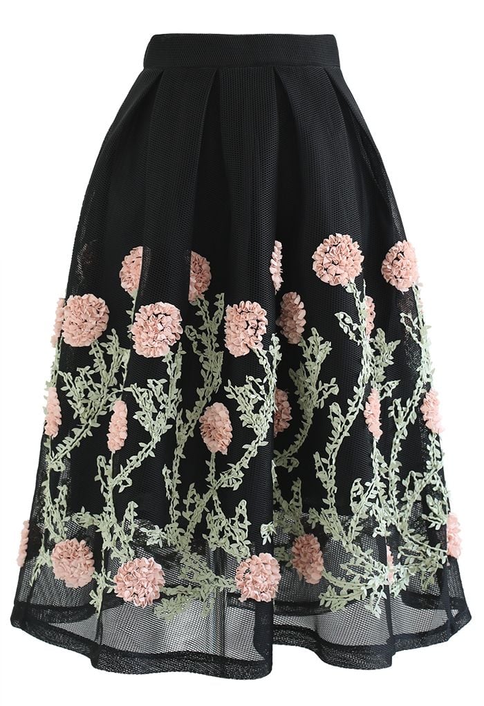 3D Flower Vine Airy Honeycomb Pleated Skirt in Black