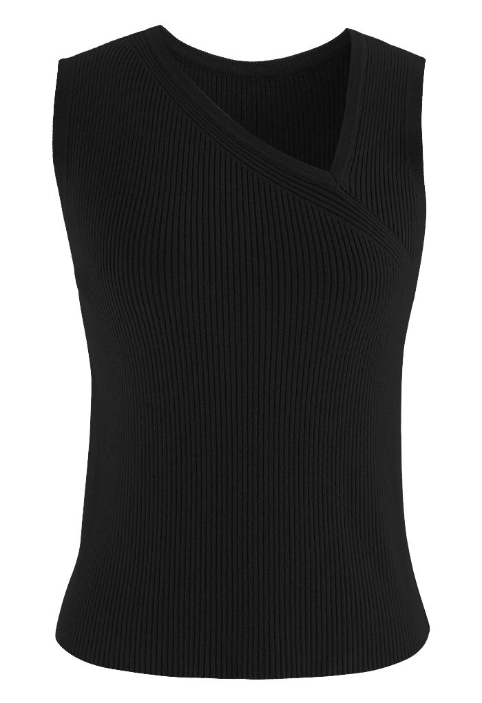 Oblique V-Neck Knit Tank Top in Black